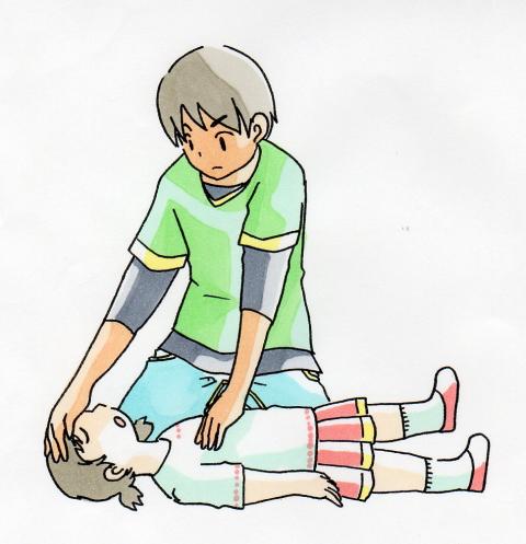 仰向けに横たわっている女の子の頭と胸の真ん中に手を当て、心肺蘇生を行っているイラスト