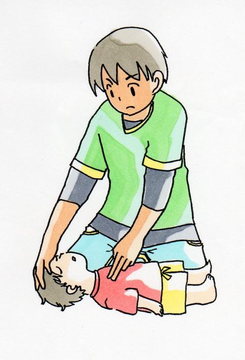 仰向けに倒れている乳児を、片方の腕で頭を支えながら、もう片方の手の中指と薬指の2本で心肺蘇生を行っているイラスト
