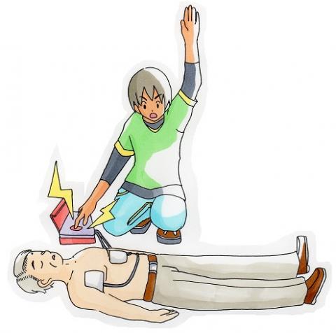 横たわった高齢男性の胸にAEDのパッドを貼り付け、左手を上げて周囲に注意を呼びかけながら電気ショックを与えようとしている緑色の服を着た人物を描いたイラスト