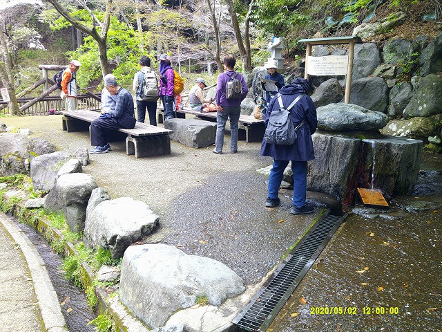 リュックサックを背負った参加者たちが、木々に囲まれた水辺の休憩スペースでくつろいでいる様子の写真