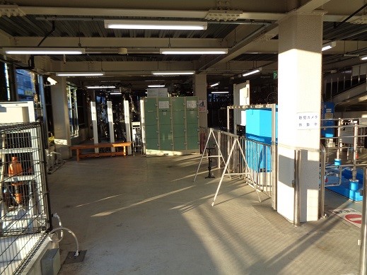 整然と並ぶ自転車の駐輪ラックと、中央に薄緑色のコインロッカーが設置され、手前には金属製のフェンスで仕切られた通路がある、駅周辺の駐輪場の内部写真