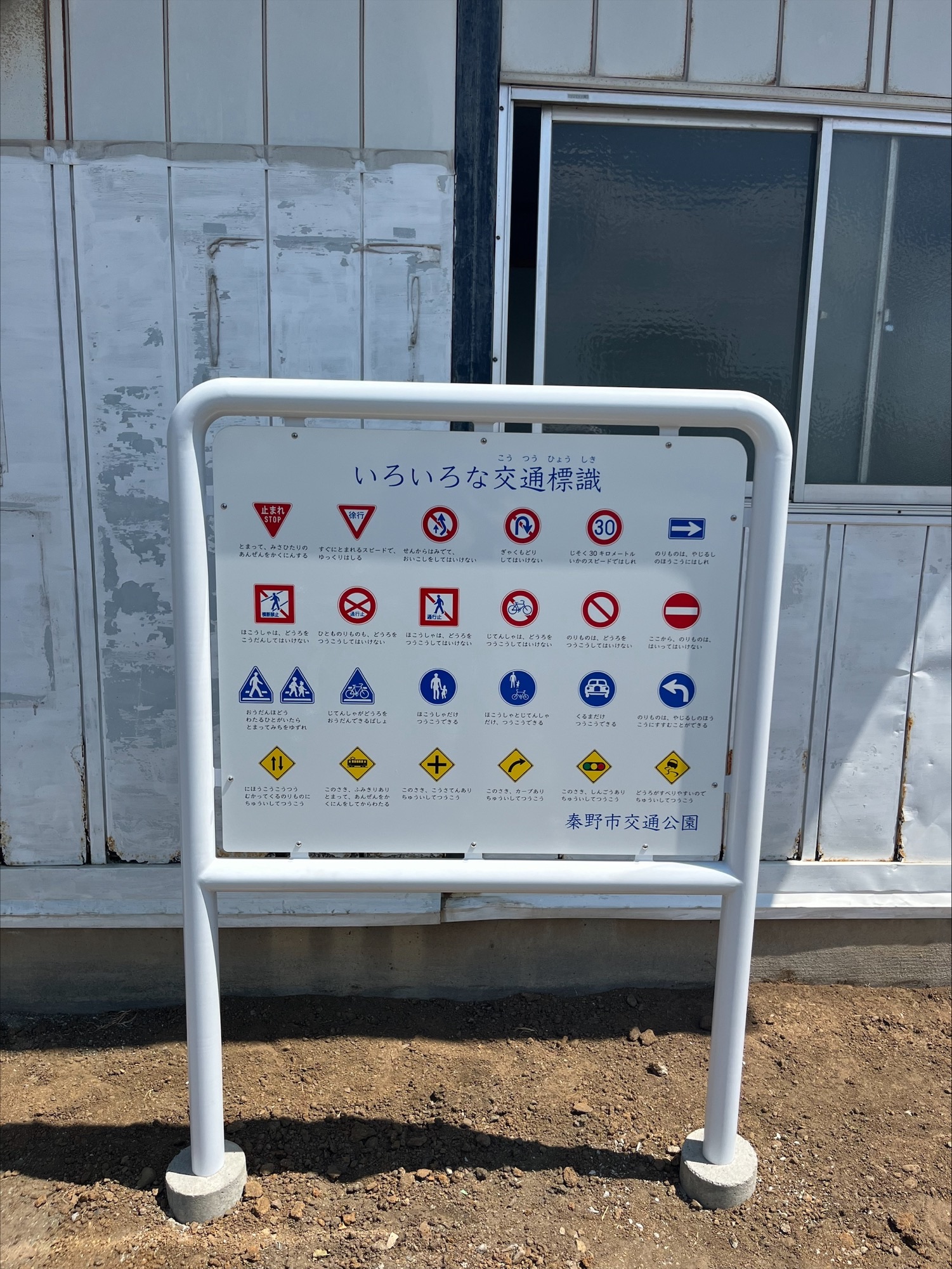 白枠の看板に、「いろいろな交通標識」と題され、一時停止や進入禁止などの標識のイラストと説明文が複数段にわたりレイアウトされている交通ルールを学ぶための教材の看板の写真