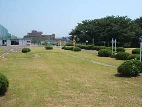 模擬的なS字カーブの道路や建物、そしていくつかの交通標識が配置されている交通教育の場としての公園の写真