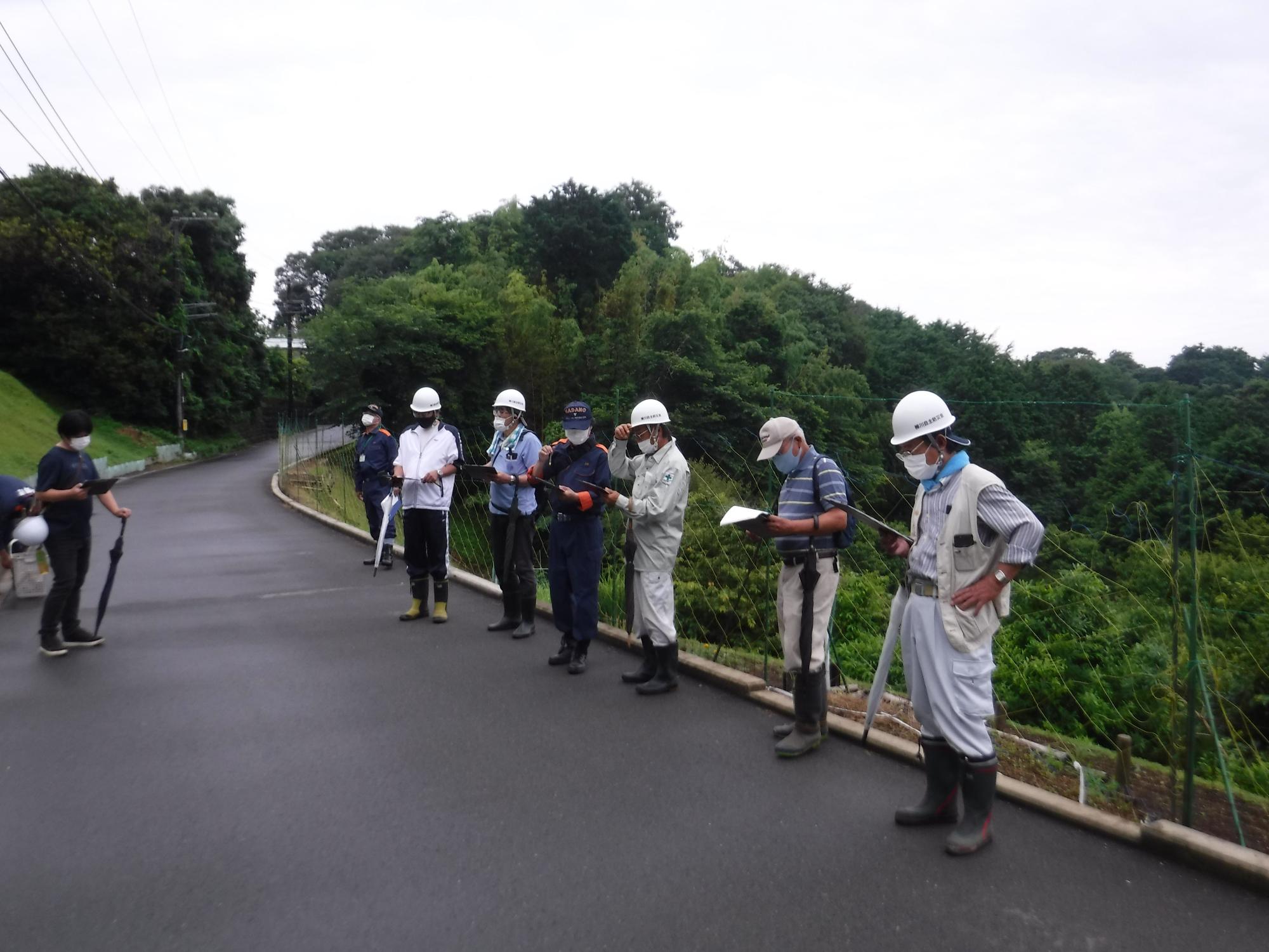 舗装された山道の斜面で、ヘルメットや長靴を着用し、それぞれがクリップボードやメモ帳を持ちながら、斜面の緑の防護ネットの状況を確認している十数名の作業員や防災関係者が、一列に並んで立つ様子を捉えた写真