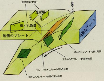 斜め上から見たプレート境界での地震の発生を模式的に描いた立体図で、左の陸側のプレートが右の海側のプレートに沈み込んでおり、プレート境界での地震や、沈み込んだプレート内部の深い地震、陸側プレート内の横ずれ断層や逆断層による陸域の浅い地震が矢印と共に示されている、地質学の概念図