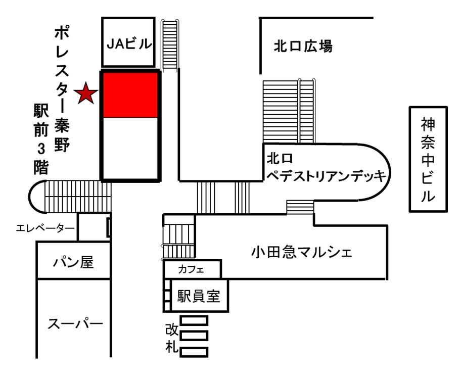ポレスター秦野駅前3階の場所を赤色で示した地図
