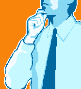 ネクタイを締め、オレンジ色の背景に対して青いトーンで描かれた男性のイラストが、指を口元に当てて考え込んでいる様子のイラスト