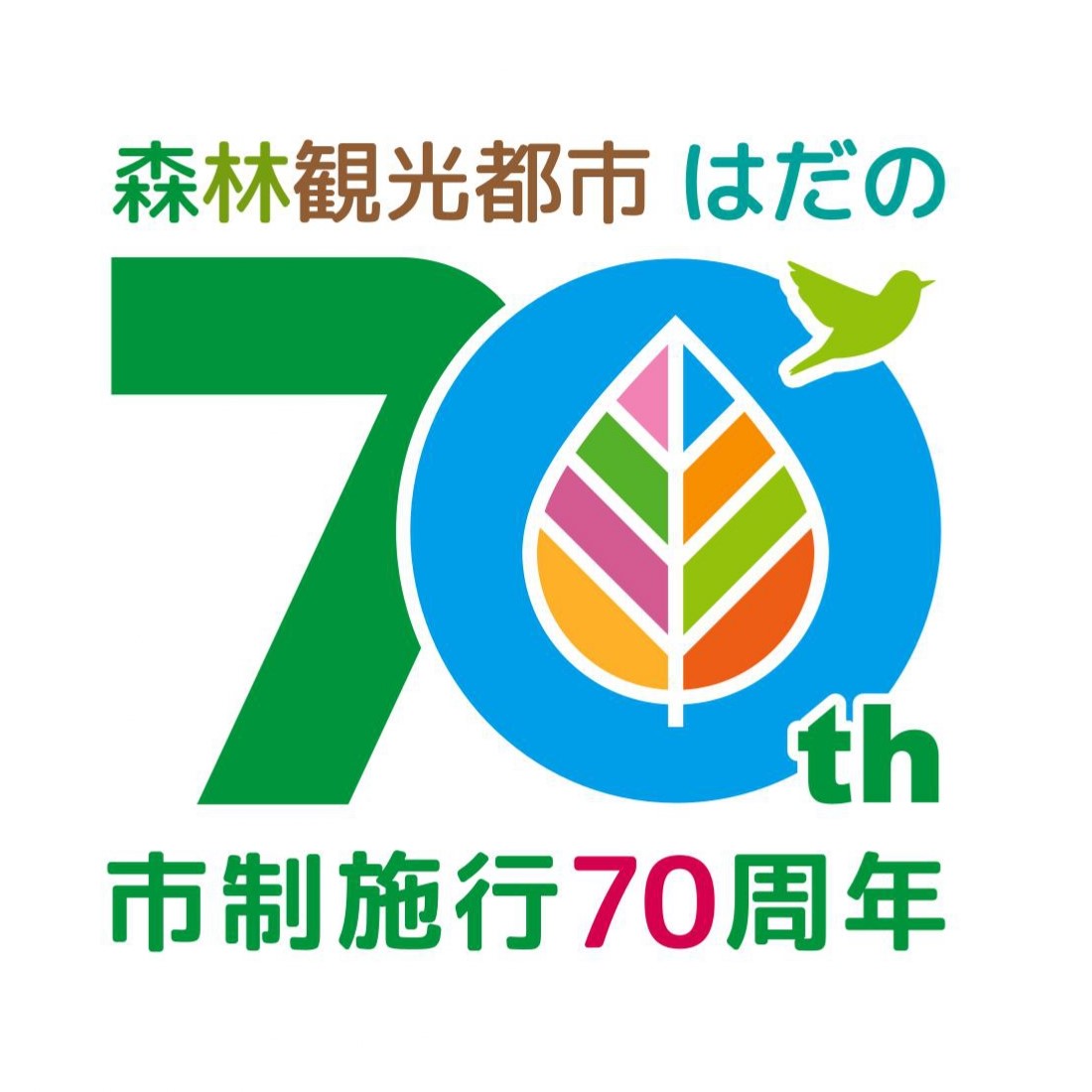 上に「森林観光都市はだの」、下に「市制施行70周年」と記載された中央に大きく「70th」の文字が描かれ、70周年を表す「70」の「7」は緑色、「0」の中心には8色の葉っぱをあしらった青い円と、市鳥のうぐいすがその上を飛んでいるロゴマークのイラスト