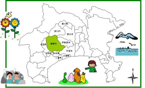 関東地方の地図の一部と思われる白地図の中で、中央西寄りに位置する秦野市が緑色で強調され、周辺には地域を示すイラストや市町村名が描かれた地域図のイラスト