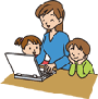 パソコンを操作している女性と女性の傍にいる2人の子どものイラスト（支援ボランティアイメージ）