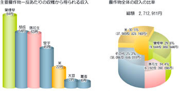 主要農作物から得られた収入を示した棒グラフと農産物全体の収入の比率の円グラフ