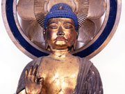 光背を背にした金色の体の木造阿弥陀如来坐像の写真