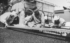 大人が木枠の苗床にしゃがみこみ、移植穴あけ機を使ってタバコの種を等間隔にまいている様子を写した古いモノクロ写真