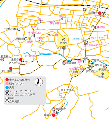 様々な種類のアイコンで観光スポットや史跡などが示された、コースA渋沢駅周辺の地図