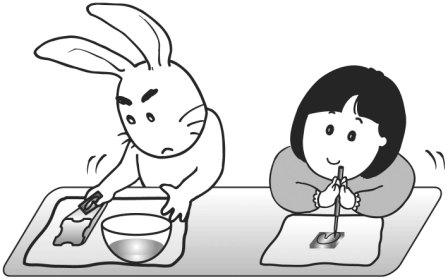テーブルに並んで座って、まが玉作りに取り組んでいる、ウサギのラビと女の子のさくらこを正面から描いた白黒のイラスト