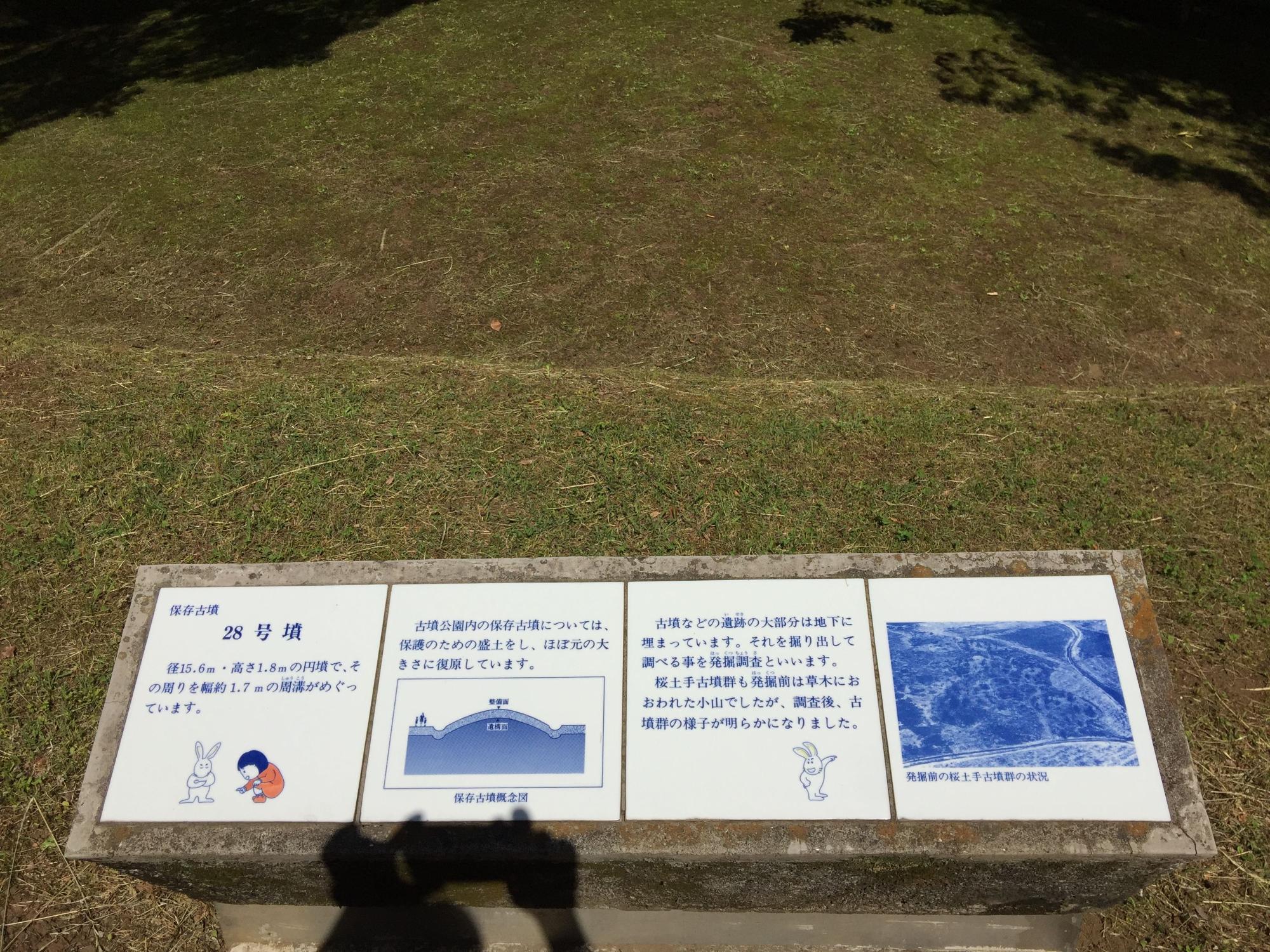 芝生の地面上に設置された、古墳の空撮写真や説明書きなど4枚の四角いパネルからなる、28号墳の案内板の写真