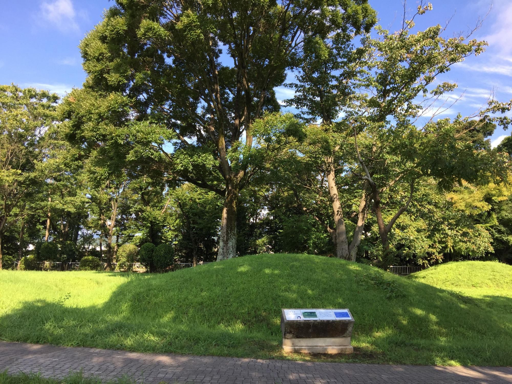 緑の木々の前の木陰にある、32号墳の写真