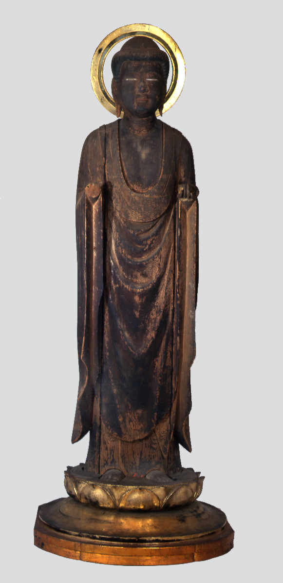 簡素な衣装を身につけ、光背を背負った木製の仏像が、蓮華座の上に直立している様子を捉えた木造薬師如来立像の写真