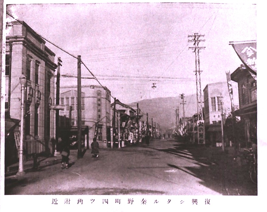 複数の電線が張り巡らされ、右には「火の用心」と書かれた看板があり、人々が歩いている復興後の昭和初期と思われる繁華街の街並みを捉えた白黒写真