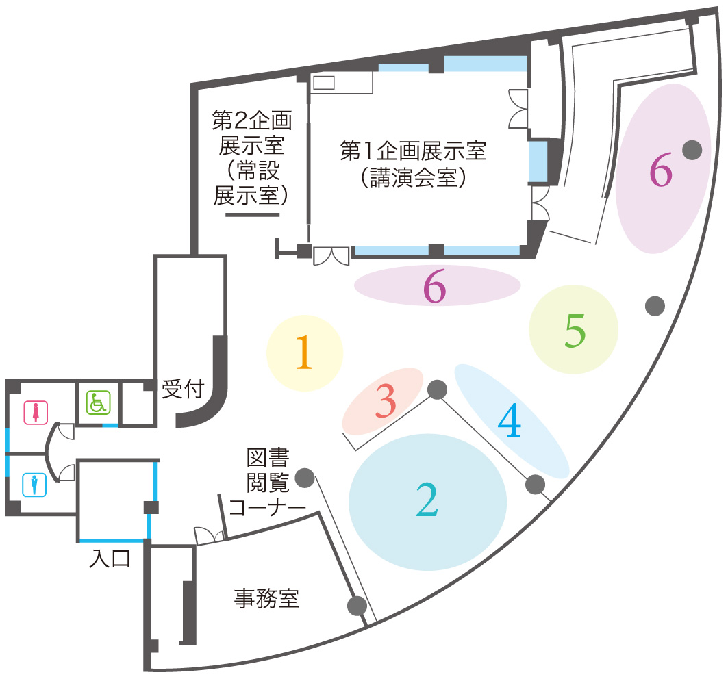 エリアに1から6の数字が記載され、色分けされたはだの歴史博物館のフロアマップの画像