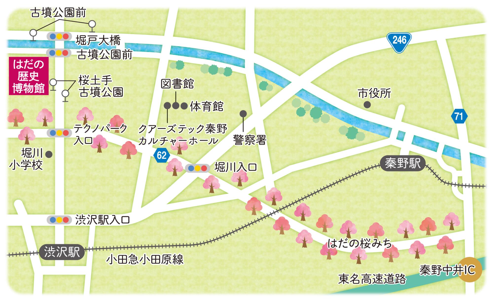 はだの歴史博物館がピンク色の四角で示されている地図の画像