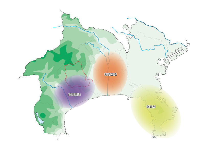 地図の一部に3つの色分けされた範囲が示されており、それぞれの範囲に「相武国造」「鎌倉別」「師長国造」という文字が配置された古代の地域区分図