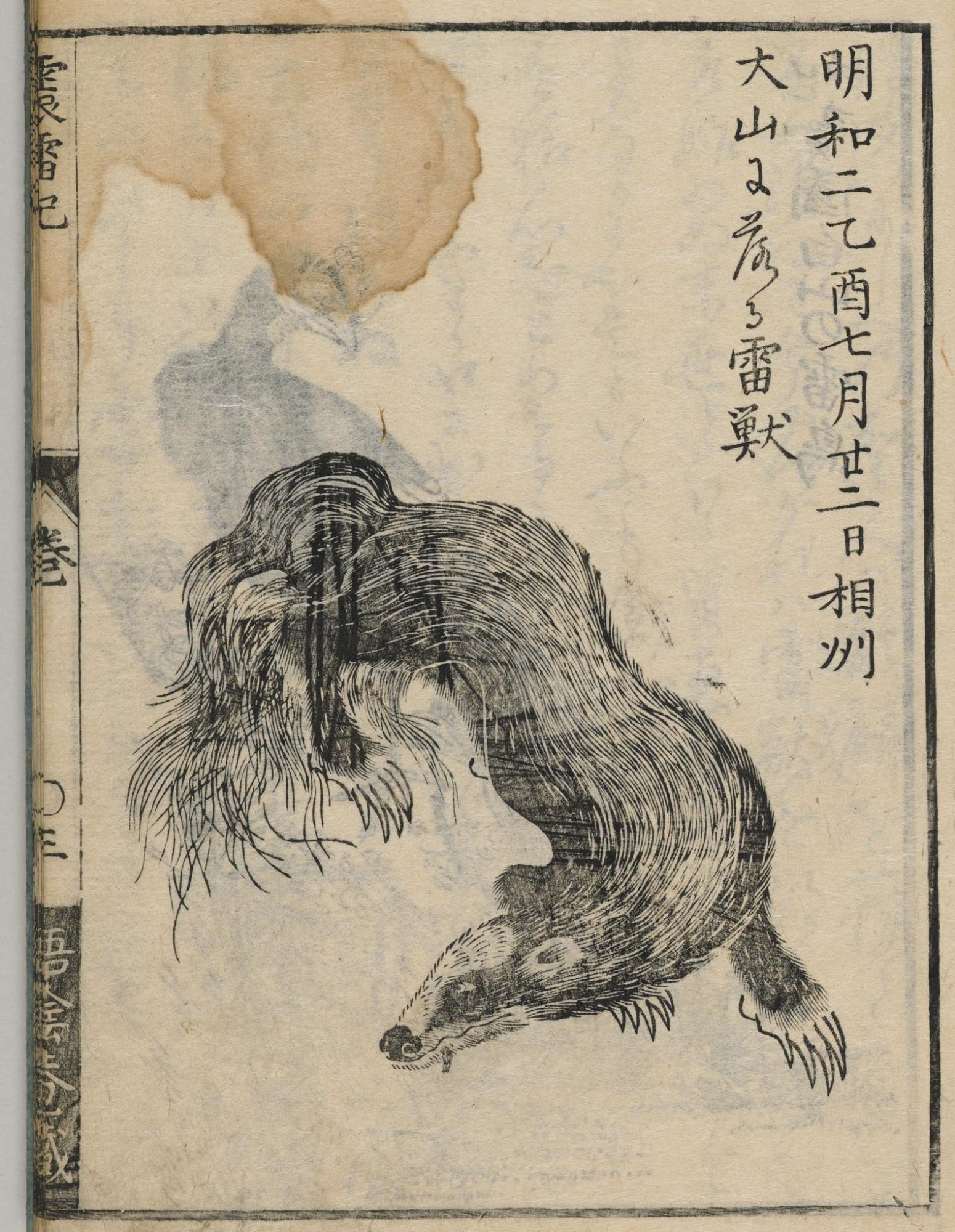 「雷獣」と呼ばれる伝説の獣が、鋭い爪や牙、長い毛を震わせて威嚇するように描かれた絵の画像