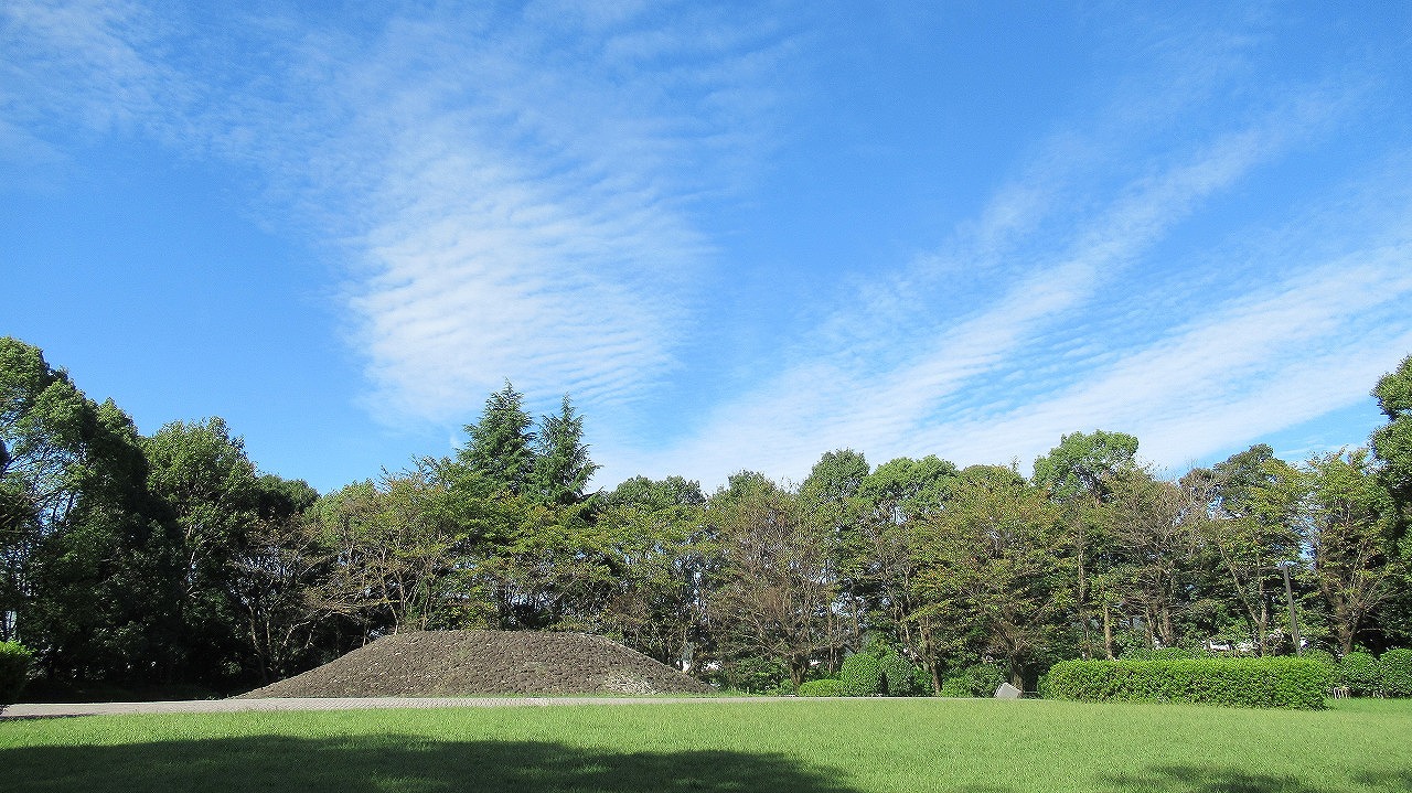 なだらかな草地の奥に、円形に盛り上がった古墳があり、その周囲を木々が取り囲んでいる公園の写真