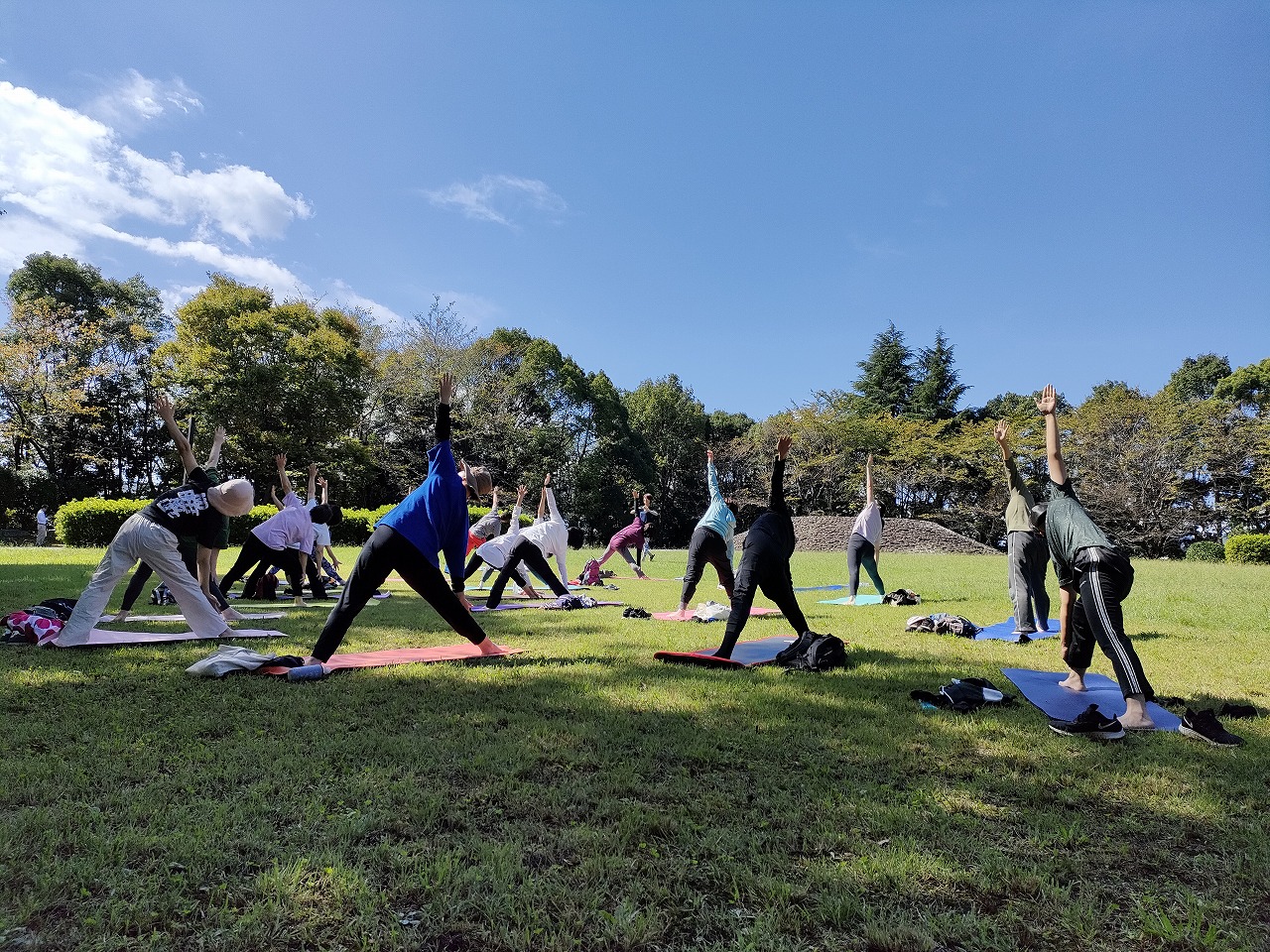 広々とした芝生の広場で、人々がヨガマットを敷き、青空の下で「三角のポーズ」と呼ばれるヨガのポーズをとって体を伸ばしている様子の写真