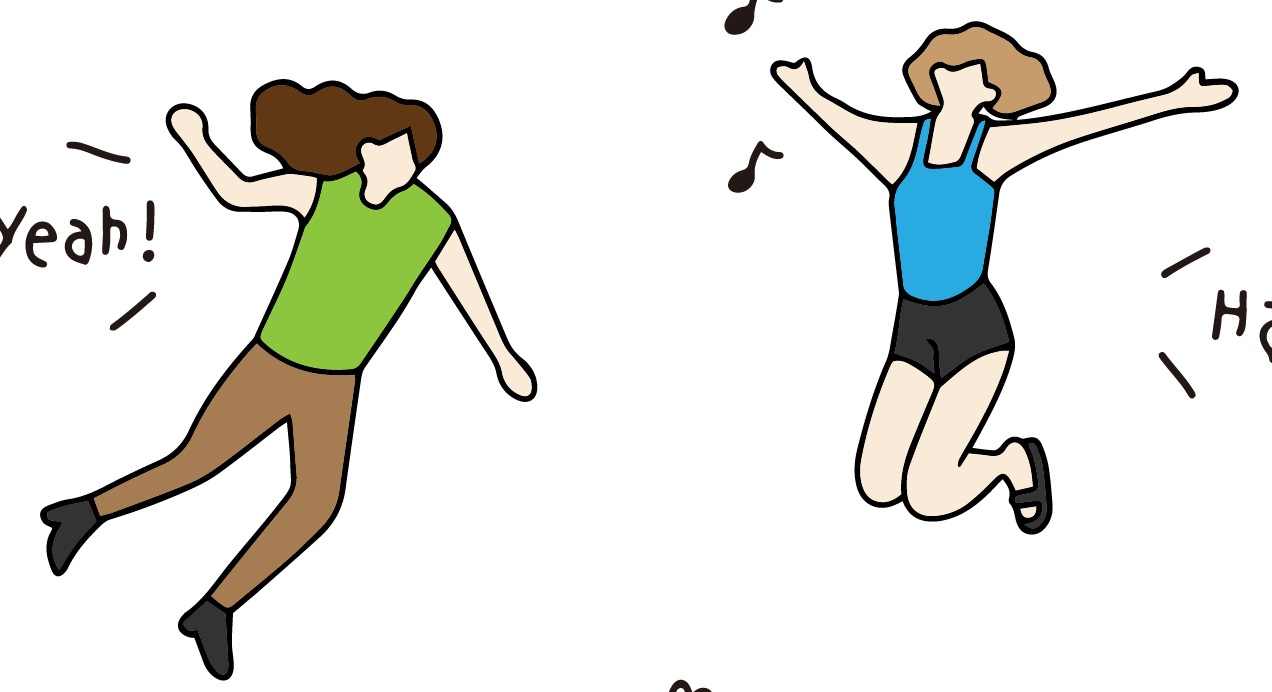 2人の人物が楽しそうに踊ったりジャンプしており、背景には「Yeah!」や音符などが描かれたイラスト