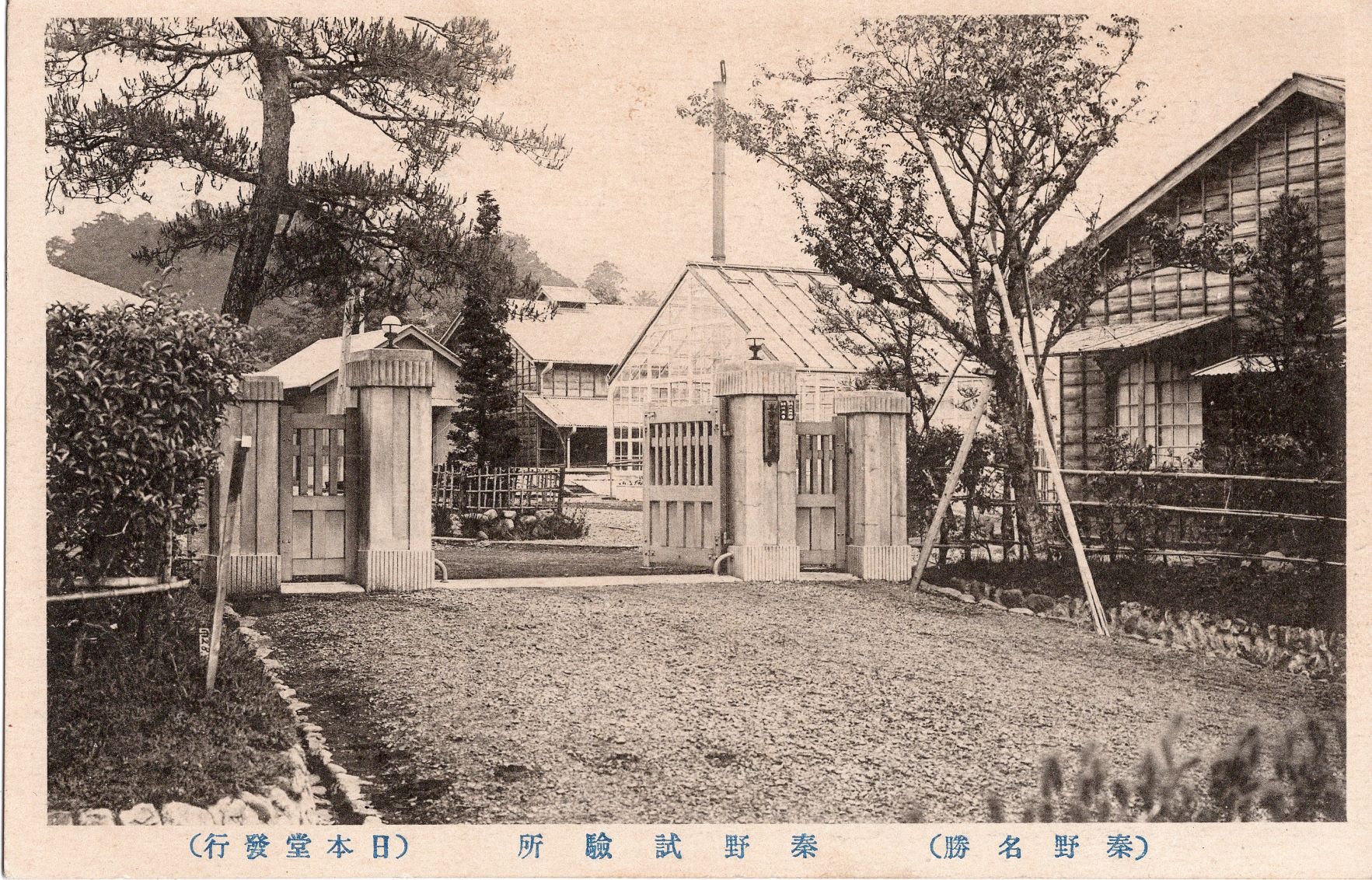 門扉の奥に木造の建物とガラス温室が写る煙草試験場のモノクロ写真