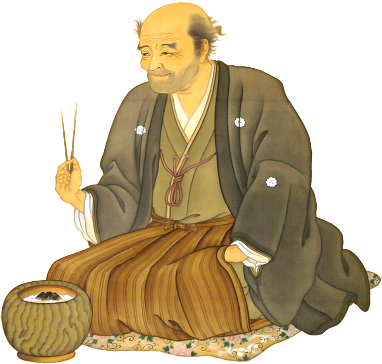 紋付き袴姿で火箸を持って火鉢に向かって正座で座っている安居院庄七の肖像画