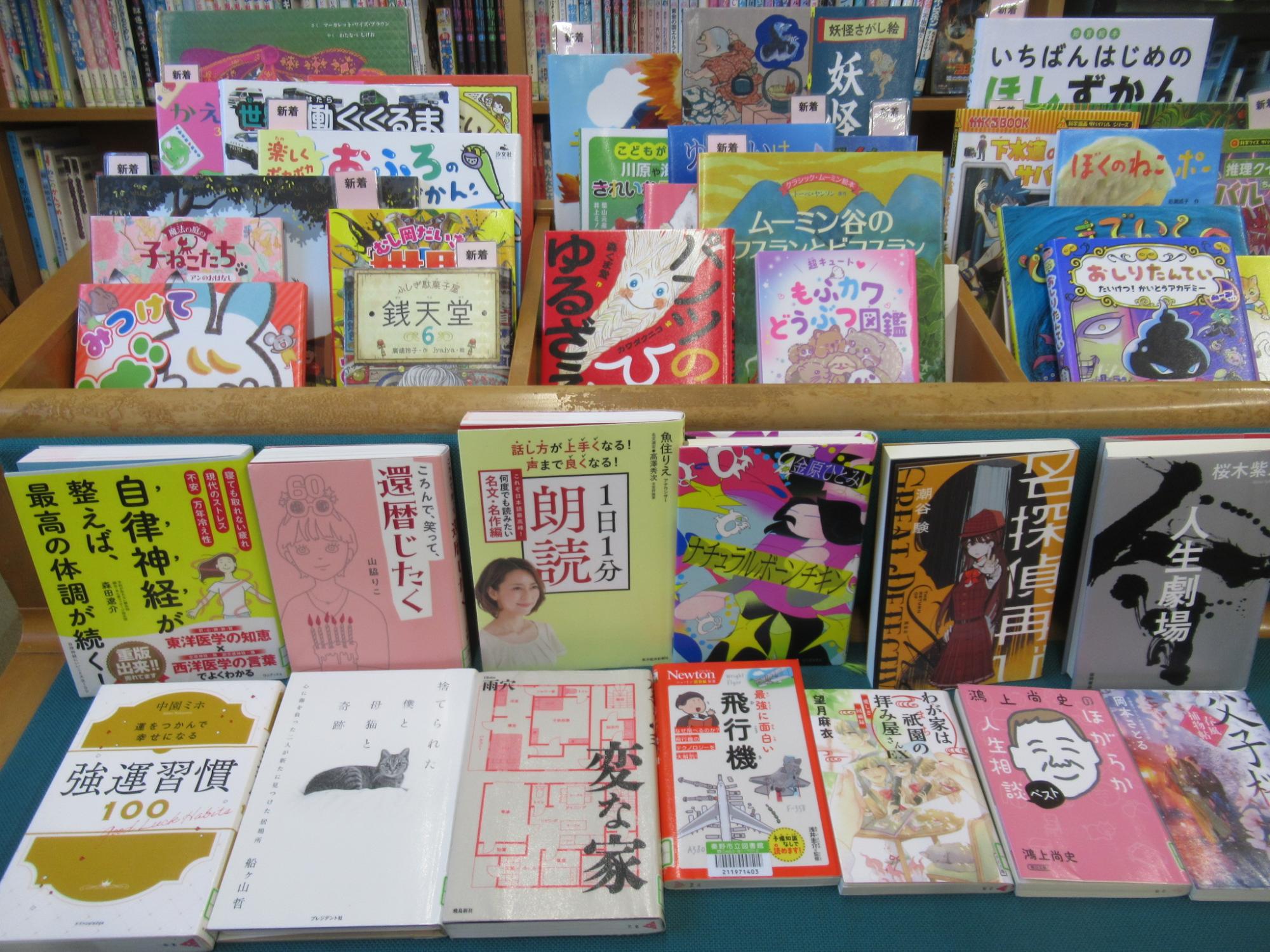 棚の上に和書が数多く並べられており、主に児童書や絵本が目立つ上の段には「銭天堂」や「ムーミン谷のトフスランとビフスラン」などのタイトルがあり、下の段には「人生劇場」や「変な家」などの一般書が並んでいる書棚の写真