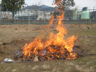 土の地面で、積み上げた枯れ枝や木材が勢いよく燃え上がっている様子を撮影した写真