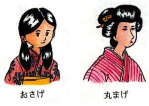 髪の毛をおさげに結った着物姿の女の子と、丸まげに結ってかんざしを挿した着物姿の女性のイラストの下にそれぞれ「おさげ」「丸まげ」の文字が書かれた画像