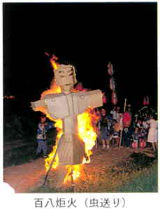 暗闇の中、背中から炎を上げて燃える武士を模した人形と、たくさんの見物人の写真の下に「百八灯火（虫送り）」と書かれた画像