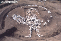 細長い部屋のような形に石が積み上げられ、その周囲には円形に石が配置されている、桜土手古墳群第13号墳の発掘現場を上空から捉えた写真