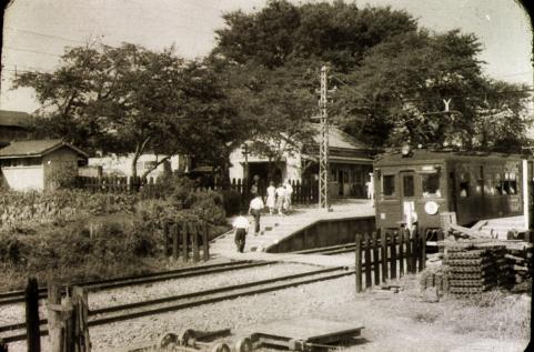 樹木に囲まれた鉄道駅に、電車が停車しており、数名の乗客が線路から階段を上り駅舎に向かっている様子を捉えた白黒写真