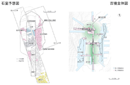 墳墓の内部構造である石室と外部の古墳の全体を上から見た様子を、異なる色のブロックで構造ごとに描き分けたイラスト図