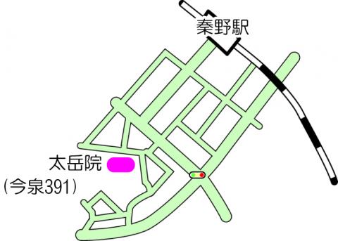 太岳院がピンク色の楕円で記された地図の画像