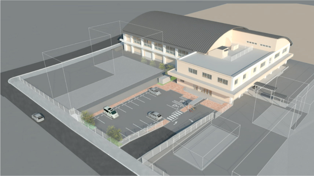 周辺環境を半透明で表現したCGグラフィックで、体育館のような大きな建物と駐車場、そして駐輪場や運動場が描かれている建物の俯瞰図