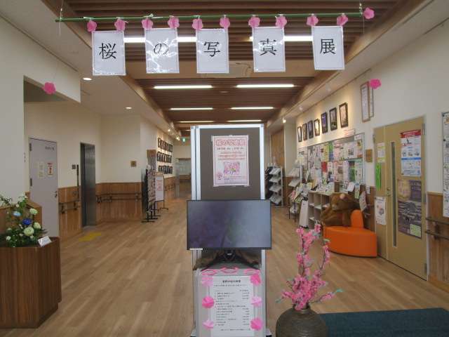 木の格子天井とフローリングの廊下に、「桜の写真展」と書かれた展示物が吊り下げられ、中央にはディスプレイと桜の造花が飾られた公民館内の写真