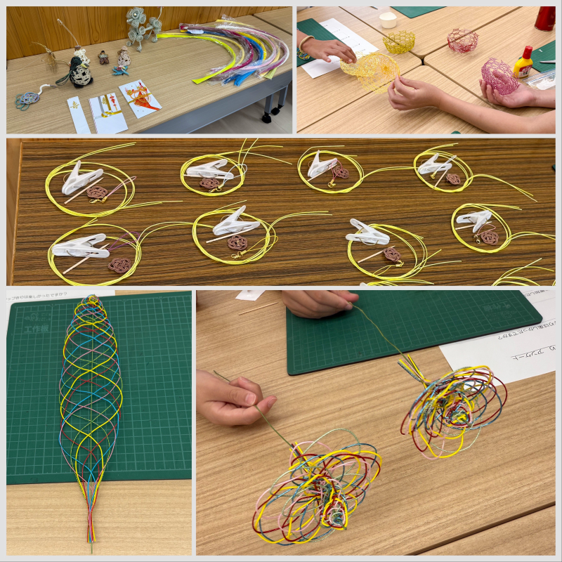 左上：祝儀袋やその他の作品に使われている水引の写真、右上：黄と赤のそれぞれ水引で作られたかごの写真、中：中央に洗濯ばさみが置かれた丸く揃えられた黄色の水引がいくも並べられてある写真、左下：複数の色の水引で編んで交差させている写真、右下：複数の色の水引を使って作成した花の写真