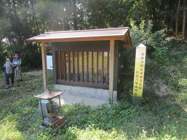 竹林に囲まれた日当たりの良い斜面に、木製の格子が付いた小さな祠があり、その右側に「秦野市指定重要文化財 石造六地蔵尊像」と書かれた金属製の標柱が立っている写真