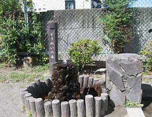 緑色のフェンスに囲まれた公園の一角にある「どうめいの泉」と書かれた木製の杭が特徴的な湧水で、丸太で囲われた中に水が湧き出ている様子を捉えた写真
