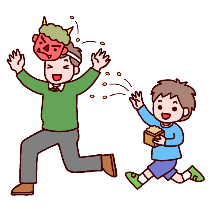 左側の緑色のシャツを着た大人が鬼の面をかぶって片足を上げ、右側の青い服を着た子どもが豆の入った升を持って豆まきをしている節分行事の楽しい様子を描いたイラスト