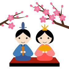 黒い台座に青い着物を着た男雛と桃色の着物を着た女雛が並んで座り、背後に淡いピンク色の梅の枝が飾られたひな祭りの雛人形のイラスト