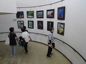 カーブを描いた白い壁面のギャラリーで、数名の中高年の来場者が、夜景や自然風景など様々なテーマの額装された写真を鑑賞している様子の写真