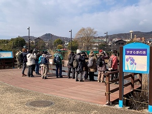 水辺に設置された木製のデッキの上で、冬服を着た十数名のグループがカメラや双眼鏡を構えて野鳥を観察している様子の写真