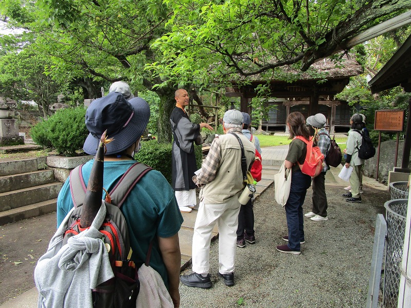 和装で剃髪した僧侶らしき人物が、寺院のような場所の木陰と玉砂利の上で、ハイキング姿の数名の中高年参加者に向けて、身振り手振りを交えながら熱心に歴史や文化の解説を行っている屋外写真